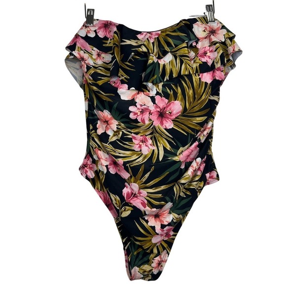 KONA SOL GREEN & PINK FLORAL ONE PIECE Strapless BATHING SUIT SIZE 16W - Picture 1 of 5